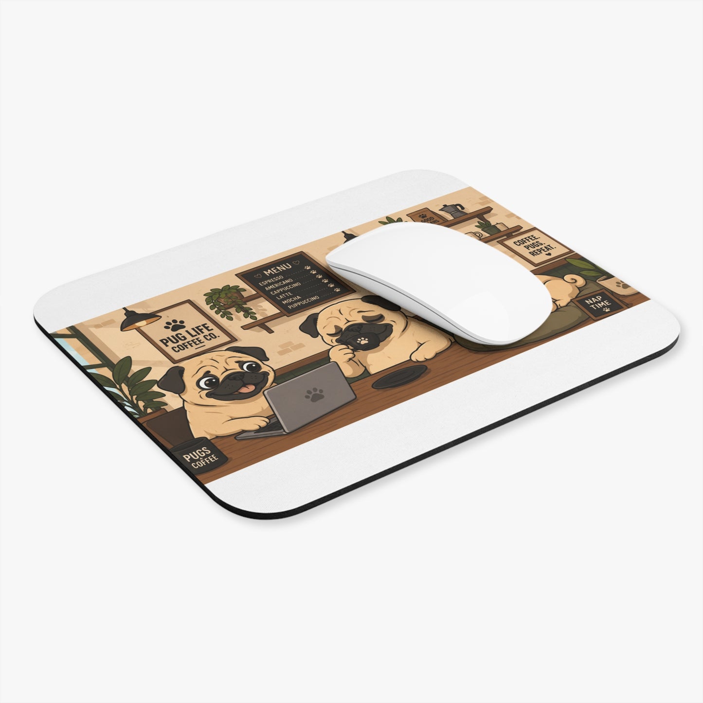 Cozy Pug Coffee Shop Mouse Pad — Cartoon Pugs Working, Sipping Espresso & Napping