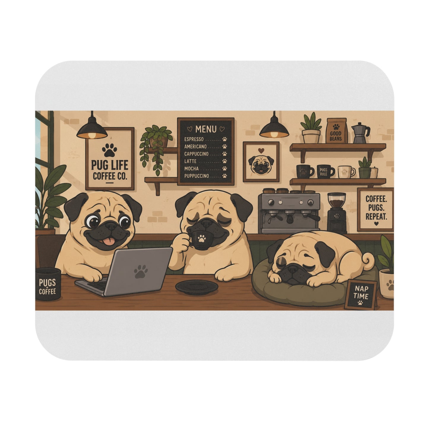 Cozy Pug Coffee Shop Mouse Pad — Cartoon Pugs Working, Sipping Espresso & Napping