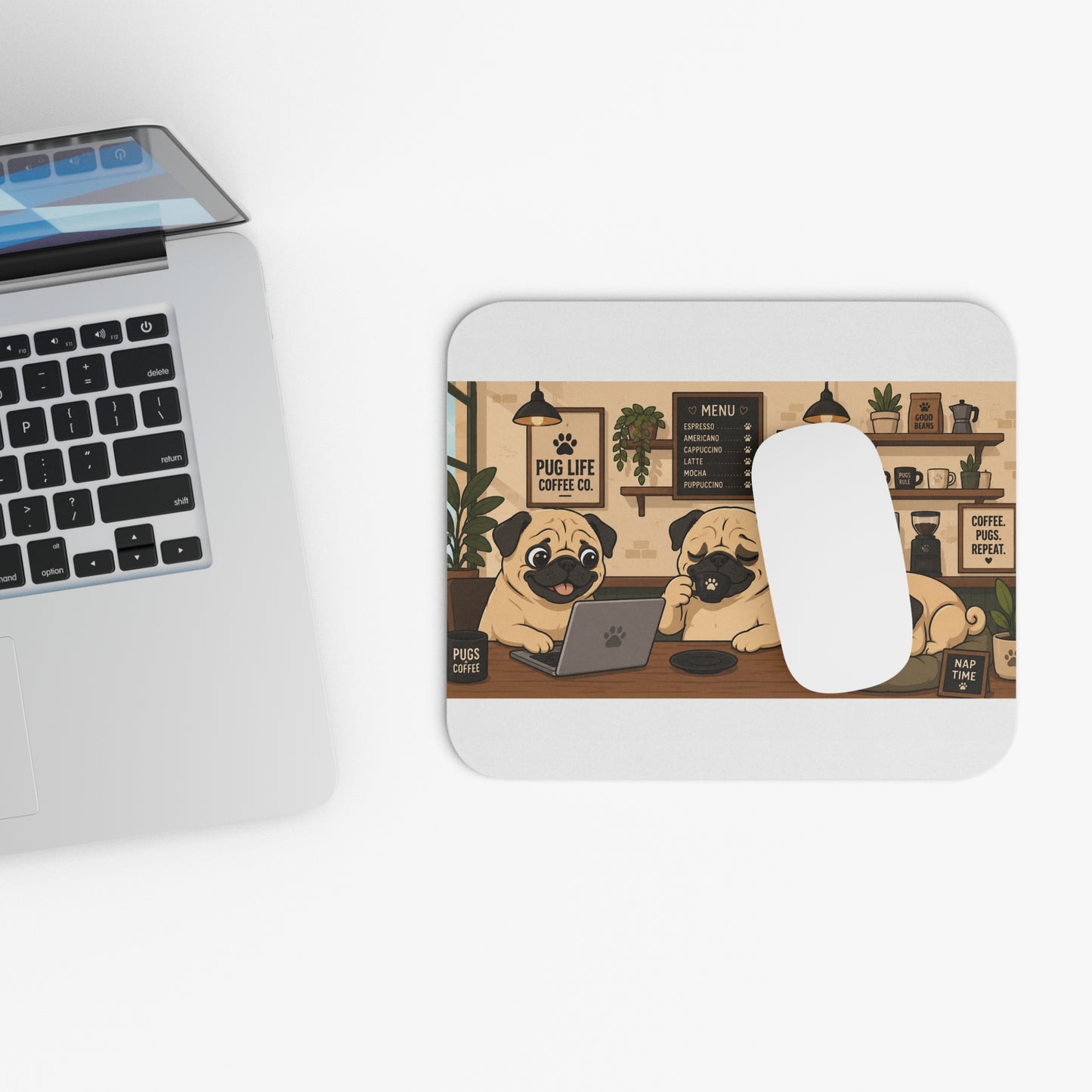 Cozy Pug Coffee Shop Mouse Pad — Cartoon Pugs Working, Sipping Espresso & Napping